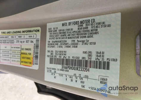 2018 Ford Fusion Se z USA, uszkodzony, nr VIN 3FA6P0HD0JR233204